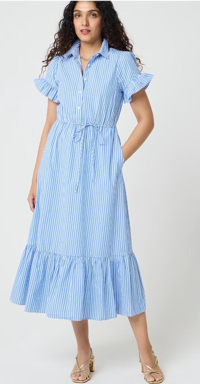 New! J. Crew Factory  Striped Ruffle-Sleeve Shirt-Dress Sail Blue Sz S ##
